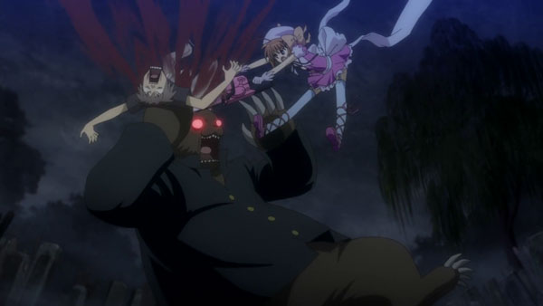 Haruna cuts Ayumu and an evil Megalo in half with a chainsaw.